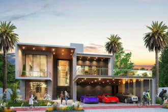 redesign modern villa facade,  luxury living room, hotel lobby ,lounge rendering