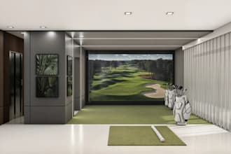 update luxury golf simulator,golf studio design,8k rendering,virtula golf course
