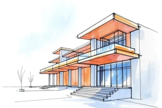 draw an architectural digital marker or watercolor sketches