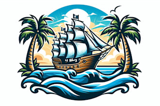 design unique stylish ship on sea logo with t shirt concept