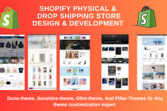 create shopify dropshipping store, dune, sunshine, glint, pillar themes