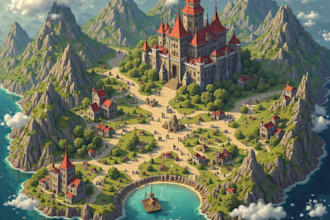 do medieval fantasy map, isometric vector map illustrations