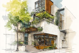 sketch architecture building with watercolor rendering