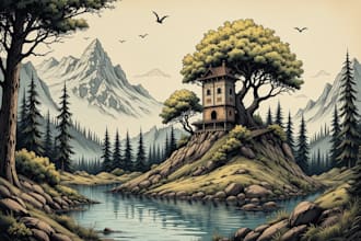 draw fantasy map elements in vector  house  tower tree lake