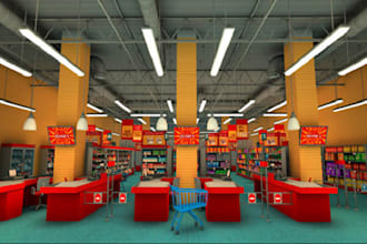 do 3d supermarket interior, recreation concert, shopping plaza, mall reception