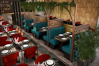 do restaurant interior design, bar, café, lounge, stunning cgi, 3d rendering