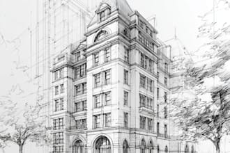 draw detailed line art or sketch illustration for building