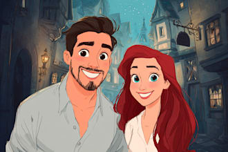 design professional disney couple portrait illustration for you