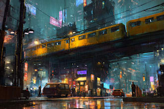 make a cyberpunk futuristic city art