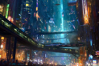 do a cyberpunk futuristic city art