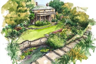 draw watercolor drawings of landscape designs or home gardens