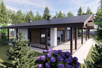 rebuild farmhouse landscape lawn,interior design, pool side,driveway, cgi render