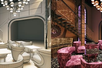 visualize 3d restaurant interior, furniture layout, modern cafe, cozy lounge bar