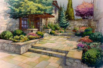 draw watercolor drawings of landscape designs  or home gardens