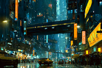 draw futuristic cyberpunk city and sci fi concept art