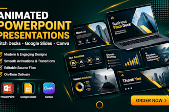 design animated powerpoint presentations, pitch decks, google slides, canva