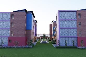 rebuild 3d student accommodation lodge,recreation area,hostel exterior rendering