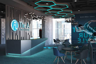 renovate 3d fitness centre,yoga room render, reception area, led lighting design