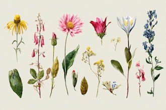 watercolor botanical illustrations of flowers and plants