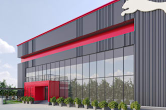 redesign 3d outdoor fitness center,golf practice,office building,exterior render