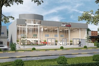 rebuild3d car dealership,vehicle showroom,mechanic shop interior,exterior render