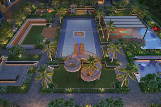 design 3d outdoor amenities,basketball court,tennis court,padel court,cgi render