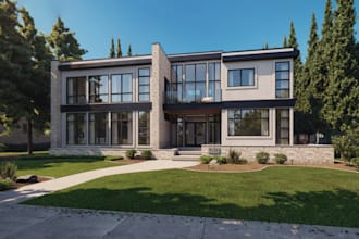remodel 3d luxury apartment,elevation design,render glass facade,landscaped yard