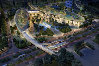 redesign 3d commercial complex,urban park,retail store rendering,rooftop garden