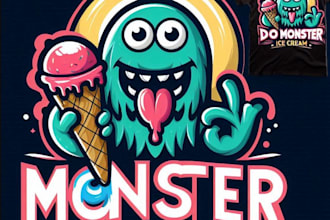 do monster ice cream logo with illustration vector t shirt design