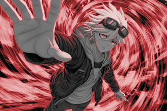 illustrate danganronpa characters in dramatic anime style