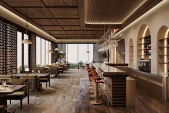 create a 3d rendering and interior design for restaurants, cafes, pizza and bars
