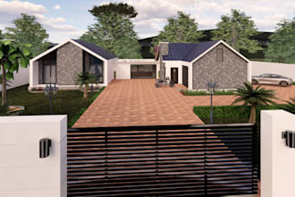 renovate 3d farmhouse,modern gated villa rendering,pitched roofs,driveway,corona