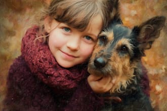 digital oil painting art portrait, pets, family photo