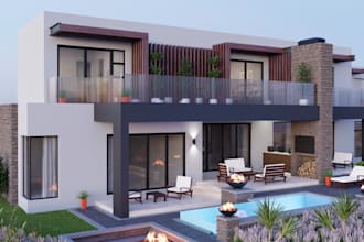 optimize modern family villa, render 3d interior and exterior building,mini golf