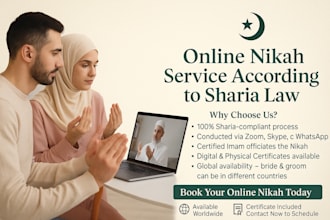 be your certified virtual nikah imam for the online nikah, marriage ceremony