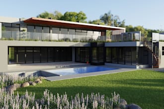 render 3d ultra villa exterior,ai powered interior design, cgi pool,golf putting