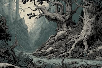 draw detailed dark art with woodcut or linocut style