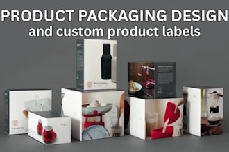 create box design, custom product labels and 3d packaging mockups