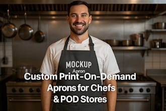 design a unique print on demand apron for chefs, restaurants and pod stores