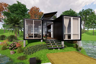 rebuild 3d shipping container house,prefab exterior,lakeside design,cgi render