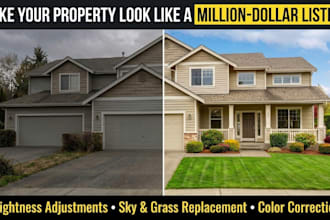 real estate photo edit enhance, photoshop image retouch sky change grass replace