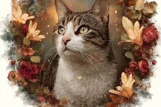 make custom cat pet portrait, digital art, cat pet memorials