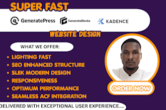 design kadence, generatepress, astra pro, avada, divi website from scratch