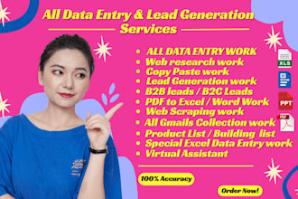 do all data entry, lead generation, pdf to excel, copy paste services