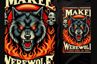 make t shirts fiery werewolf head logo and dark gothic theme