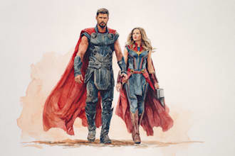 make watercolor super hero couple portrait art