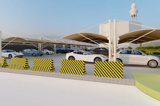 recreate 3d shaded car parking,canopy tent, cgi parking garage, concrete barrier