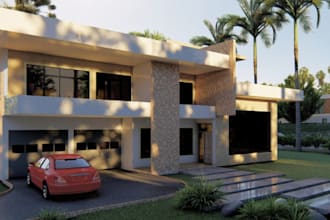 redesign 3d front elevation building, living room, dinning room, furniture setup