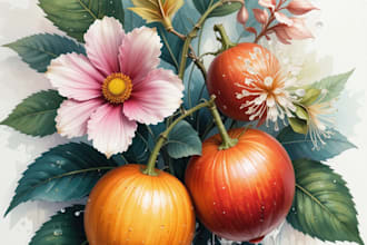 paint botanical illustration of plants, fruits, flowers,