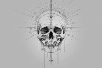 dark art, skull, horror, line art for tattoo design